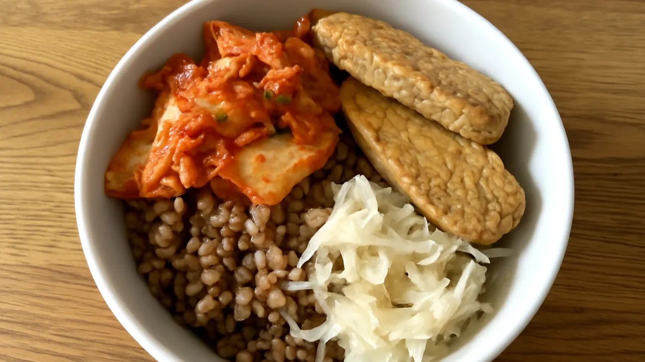 Buchweizen-Kimchi-Bowl mit Tempeh und Sauerkraut"