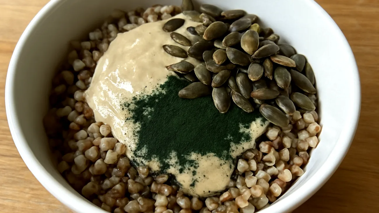 Buchweizen-Tahini-Bowl mit Spirulina und gerösteten Kürbiskernen"