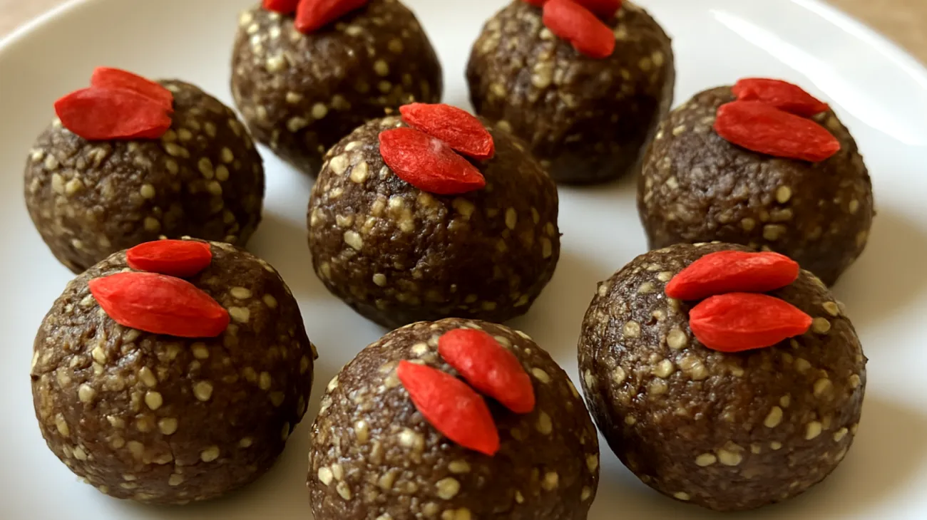 Hanfsamen-Kakao-Energiebällchen mit Goji-Beeren"