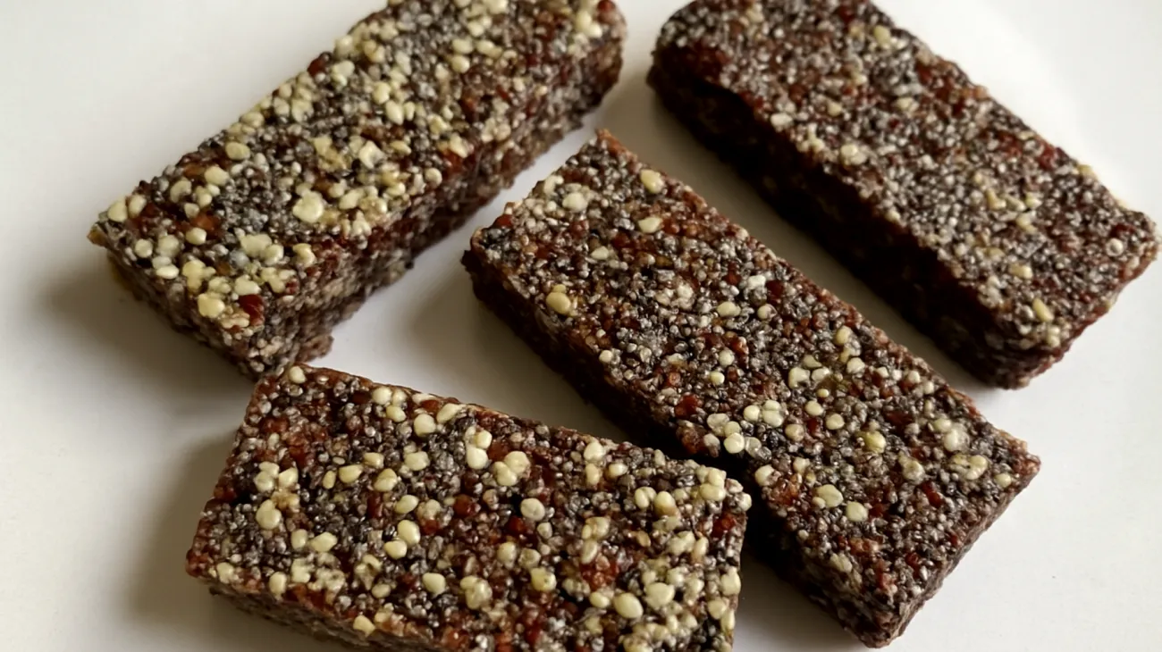 Hanfsamen-Quinoa-Riegel mit Kakao und Chiasamen"