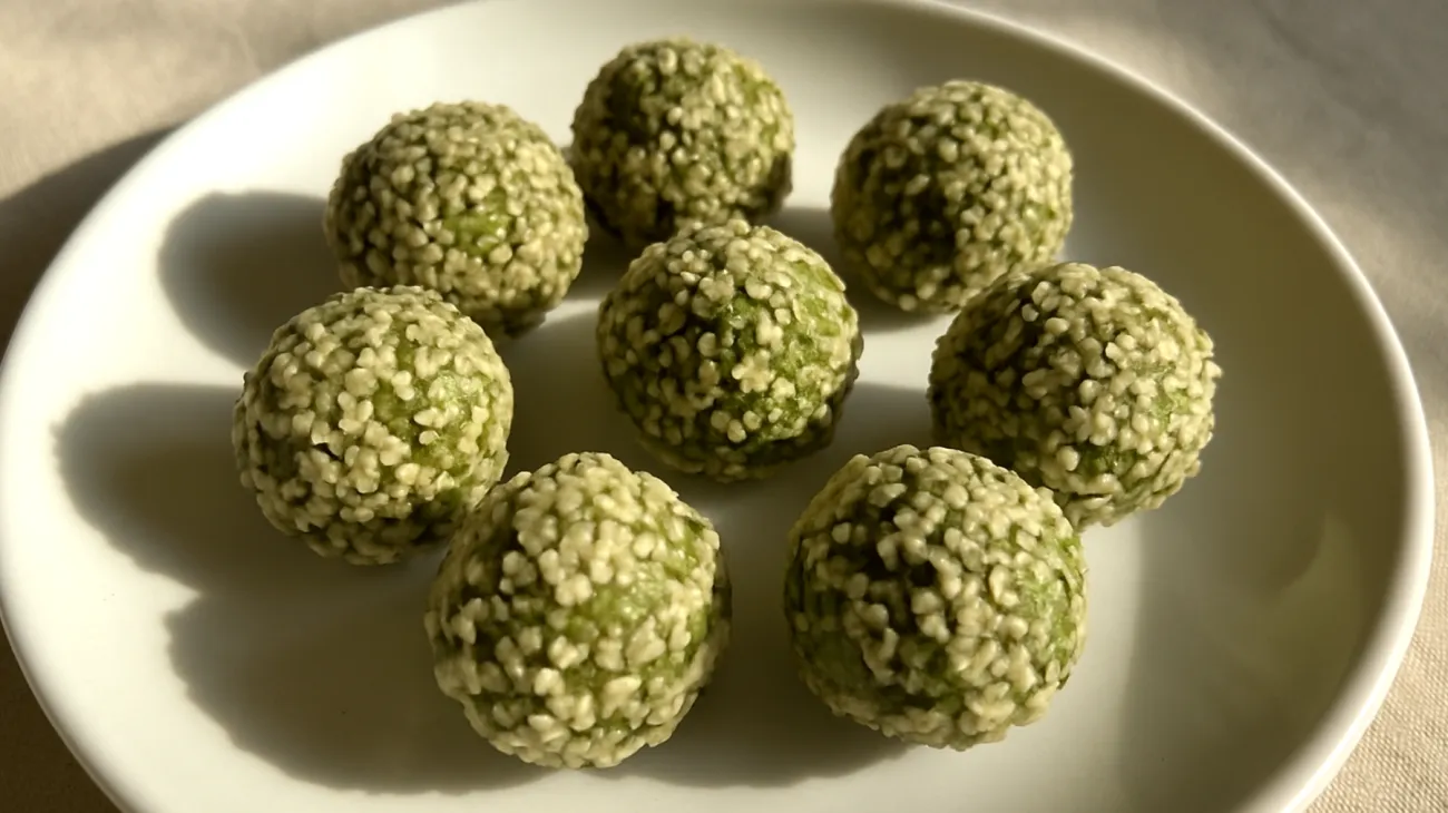 Kichererbsen-Tahini-Energiebällchen mit Spirulina und Hanfsamen"