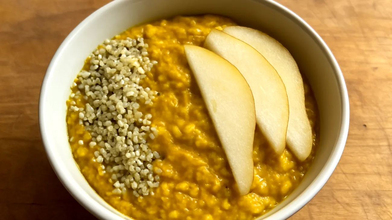 Kurkuma-Ingwer-Porridge mit Hanfsamen und Birne"