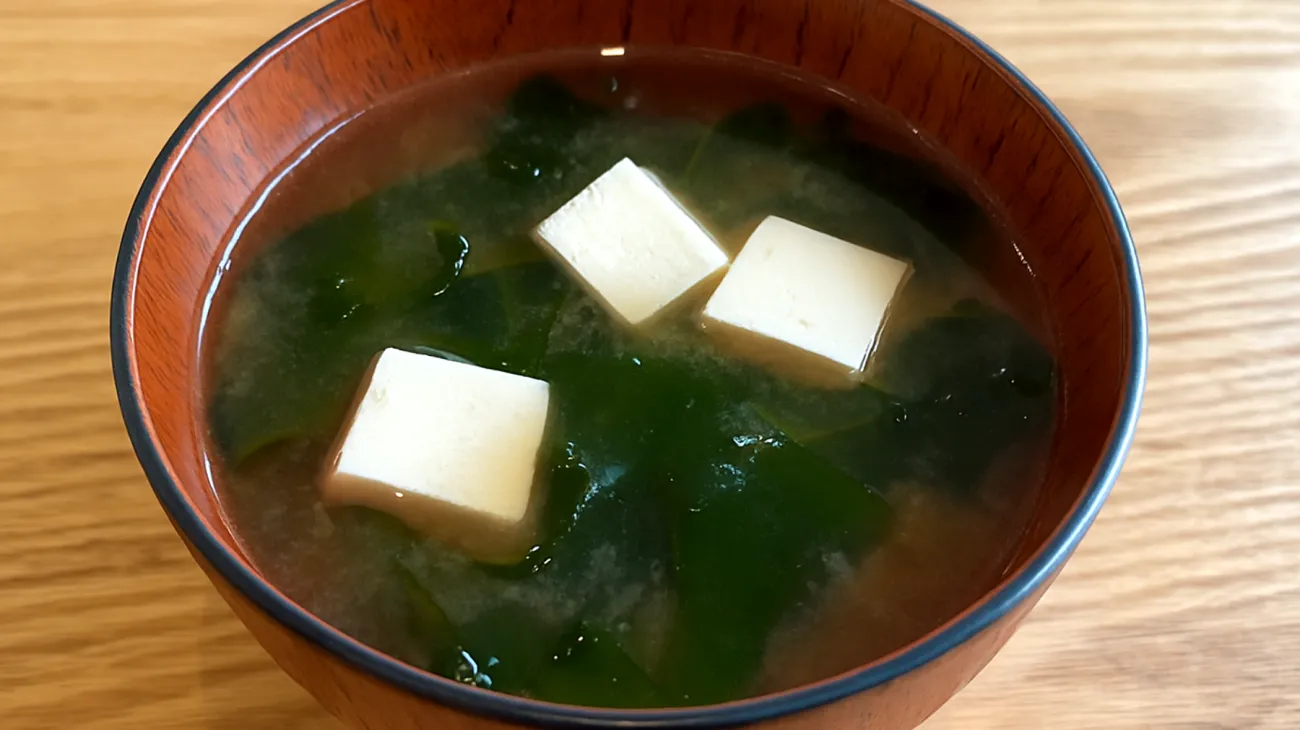 Miso-Suppe mit Wakame-Algen und Seidenkäse (Silken Tofu)"