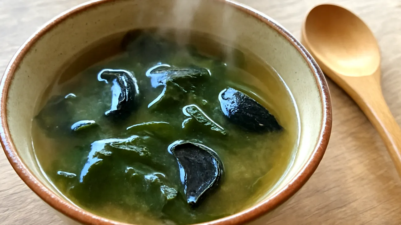 Miso-Suppe mit Wakame-Algen und fermentiertem schwarzen Knoblauch"