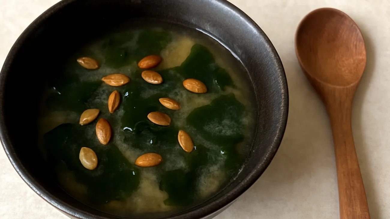 Miso-Suppe mit Wakame-Algen und gerösteten Kürbiskernen"